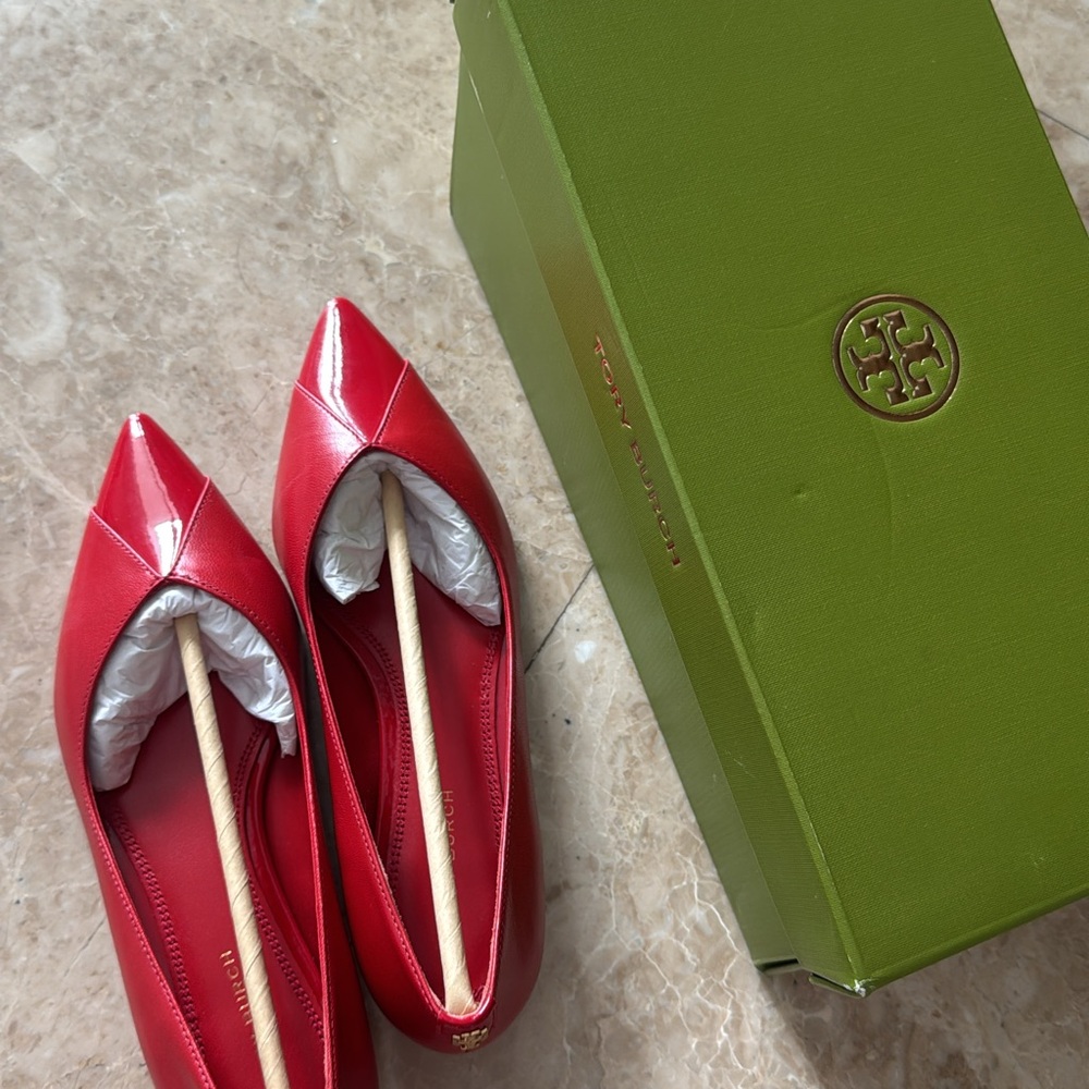 Tory Burch Red Pointed Leather Flats